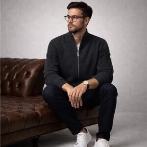 COS 100% Wool Full Zip Sweater Heather Charcoal Gray Sz L $149 {YY43}